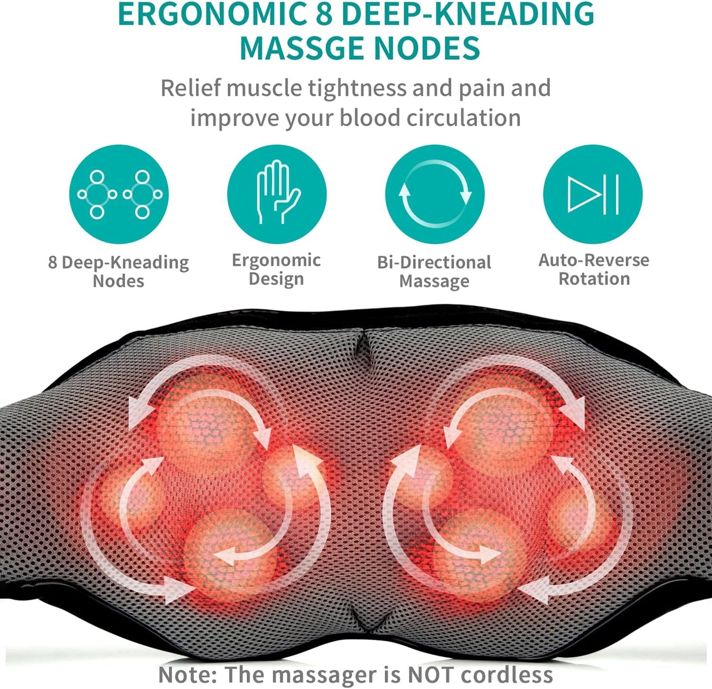 Shiatsu Neck and Back Massager with Soothing Heat, Electric Deep Tissue 3D Kneading Massage Pillow for Shoulder, Leg, Body Muscle Pain Relief, Home, Office, and Car Use