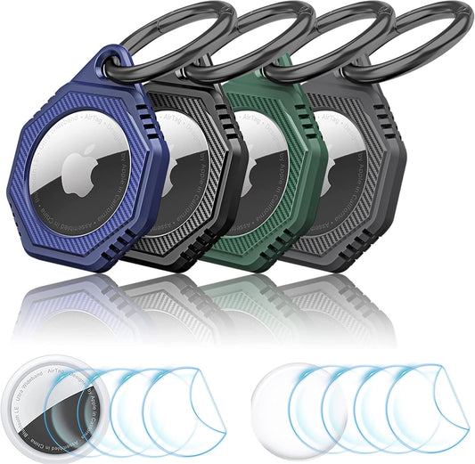 Airtag Holder 4 Pack for Apple Airtags, Scratch Resistant PC+TPU Full Protective Air Tag Case with Built-In Protective Film , Apple Airtag Accessories for Keyring (Black, Blue, Green, Grey)