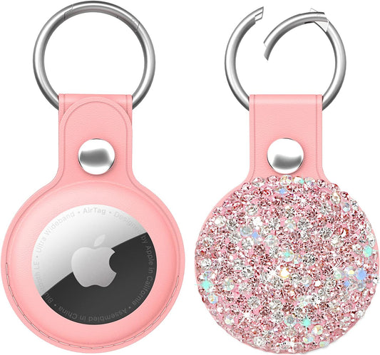 Bling Diamond Apple Airtag Case, Sparkly Leather Airtag Keychain Holder with Shiny Rhinestone, Glitter Girly Fancy Apple Air Tag Holder Gifts for Kids Girls Women(Pink)