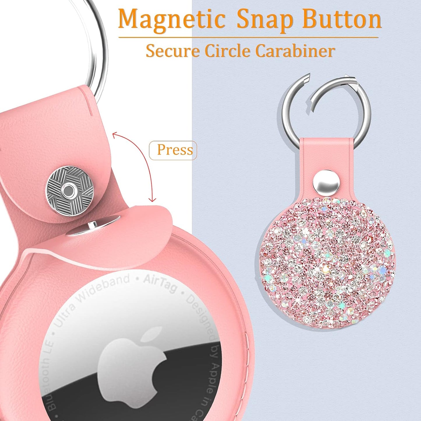 Bling Diamond Apple Airtag Case, Sparkly Leather Airtag Keychain Holder with Shiny Rhinestone, Glitter Girly Fancy Apple Air Tag Holder Gifts for Kids Girls Women(Pink)