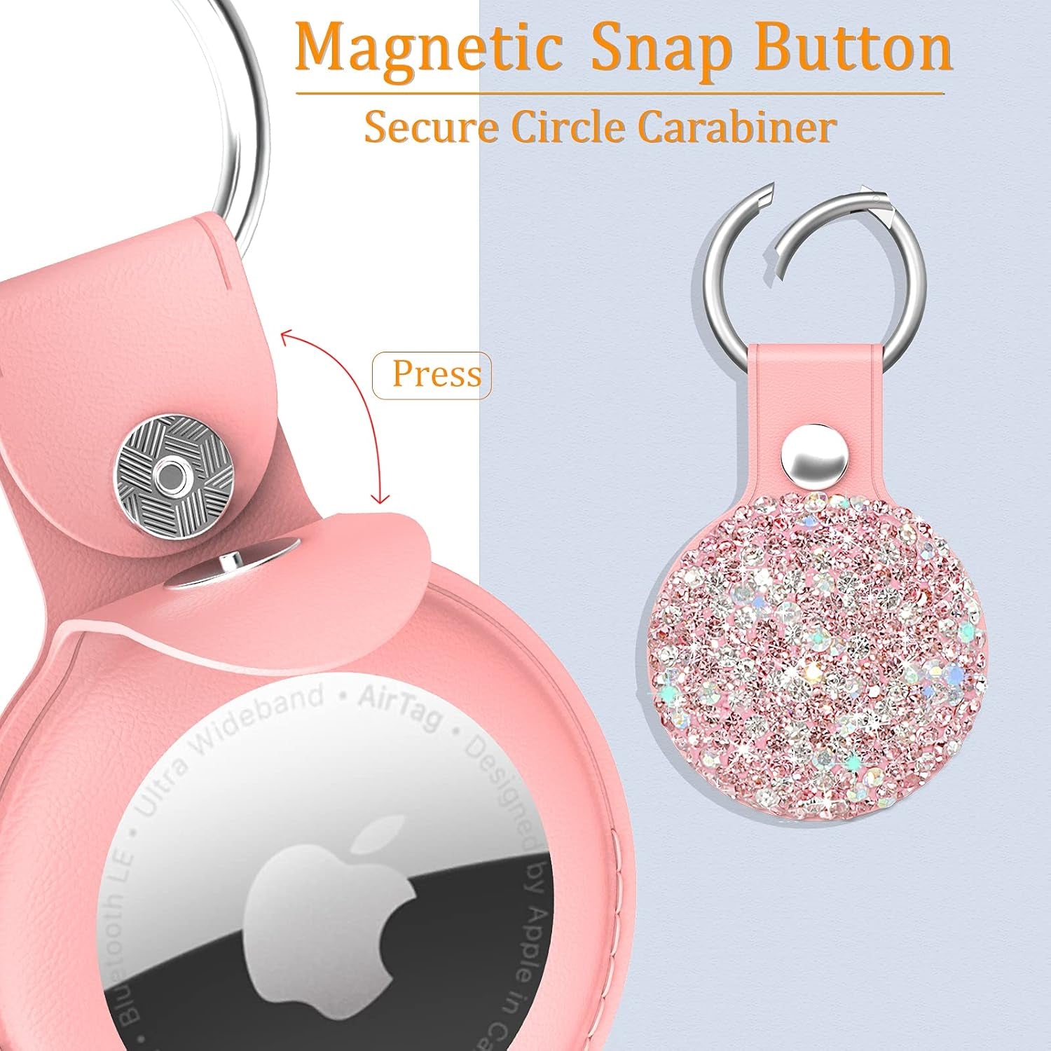 Bling Diamond Apple Airtag Case, Sparkly Leather Airtag Keychain Holder with Shiny Rhinestone, Glitter Girly Fancy Apple Air Tag Holder Gifts for Kids Girls Women(Pink)